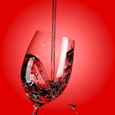 Wine Bottle And Glass On Red Background Showing Liquid Pouring Bubbles And Splashes 3d model