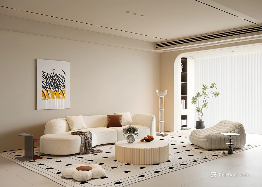 Modern Minimalist Living Room With Beige Sofa Round Coffee Table And Black White Geometric Rug 3d model 