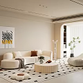 Modern Minimalist Living Room With Beige Sofa Round Coffee Table And Black White Geometric Rug