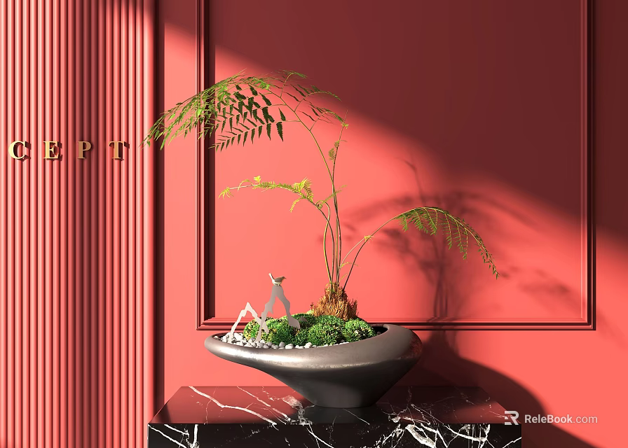 Bonsai Potted Plant with Green Foliage on Black Marble Table Against Red Wall 3d model 