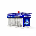 Small Blue And White Service Kiosk With Glass Windows And Retail Signage