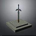 Decorative Ancient Sword With Wing Shaped Hilt On Square Marble Pedestal