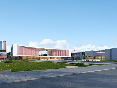 Modern School Building Architecture With Pink Facade Green Lawn And National Flag 3d model