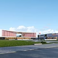 Modern School Building Architecture With Pink Facade Green Lawn And National Flag