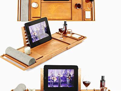 Decorative Ornament Set with Wooden Tray Tablet Holder Wine Glass Bottle Candle and Rolled Towel 3d model