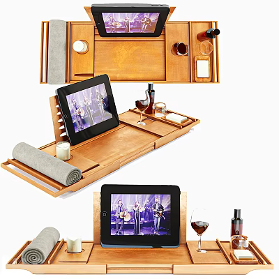 Decorative Ornament Set with Wooden Tray Tablet Holder Wine Glass Bottle Candle and Rolled Towel 3d model