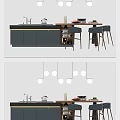Modern Bar Counter Interior With Gray Cabinets Stools And Pendant Lights Decor 3d model