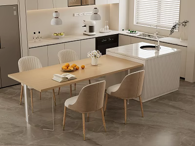 Modern Dining Table Set With Light Wood Top And Beige Upholstered Chairs In Kitchen 3d model
