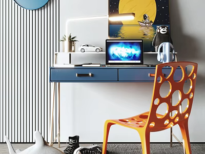 Blue Desk With Drawers Lamp Laptop And Orange Chair In Modern Interior 3d model