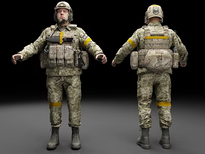 Front And Back Views Of Camouflage Military Uniform With Tactical Gear Yellow Stripes And Personnel 3d model