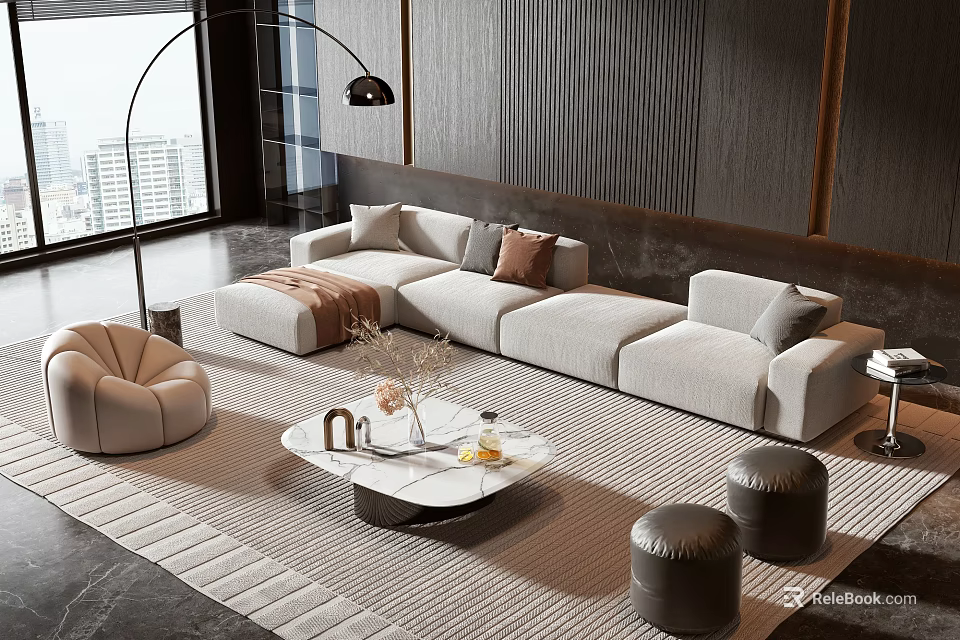 Modern Light Beige Sofa Coffee Table Set With Marble Top Pillows And Stools Rug 3d model 