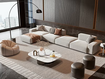 Modern Light Beige Sofa Coffee Table Set With Marble Top Pillows And Stools Rug 3d model