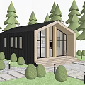 Modern Detached Villa Exterior With Large Glass Windows Stone Steps And Green Plants