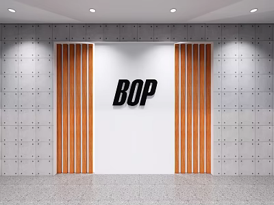 Gray Perforated Wall With White Central Panel And Orange Vertical Stripe Decoration Featuring BOP Lettering 3d model