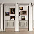 Elegant White Wall Interior With Decorative Columns And Multiple Framed Artworks 3d model