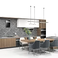 Modern Dining Table Set with Chairs and Kitchen Cabinets Marble Backsplash Pendant Lights 3d model