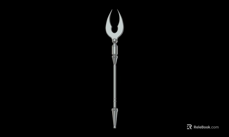 Silver Trident Weapon With Long Metallic Shaft And Three Pronged Head Design 3d model 