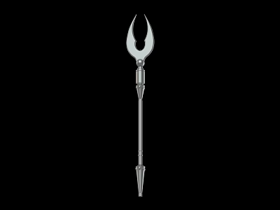 Silver Trident Weapon With Long Metallic Shaft And Three Pronged Head Design 3d model