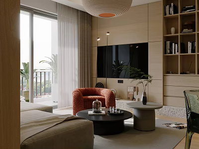 Modern Living Dining Room With Beige Sofa Black Coffee Table Pendant Light And Green Plants 3d model