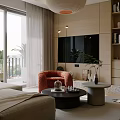Modern Living Dining Room With Beige Sofa Black Coffee Table Pendant Light And Green Plants