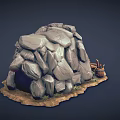 Cartoon Scene Of Rock Cave With Wooden Structure Lanterns Vines And Barrels