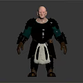 Bald Male Warrior Character Wearing Black Armor With Green Tunic And White Waist Apron