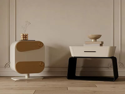 Modern Bedside Tables With Round Accents Black White Wooden Design And Decorative Items 3d model