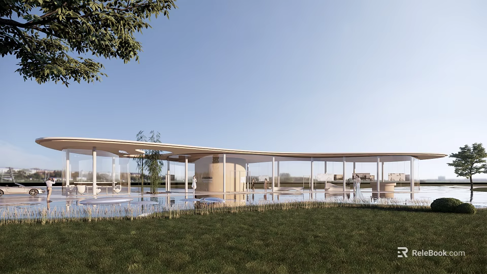 Open Modern Lakeside Building With Glass Facade Reflecting Pool Trees And Green Lawn 3d model 