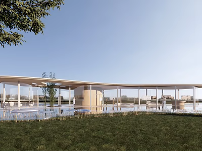 Open Modern Lakeside Building With Glass Facade Reflecting Pool Trees And Green Lawn 3d model