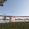 Open Modern Lakeside Building With Glass Facade Reflecting Pool Trees And Green Lawn