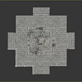Square Stone Courtyard Design Featuring Central Fountain Plants Steps And Ornamental Walls