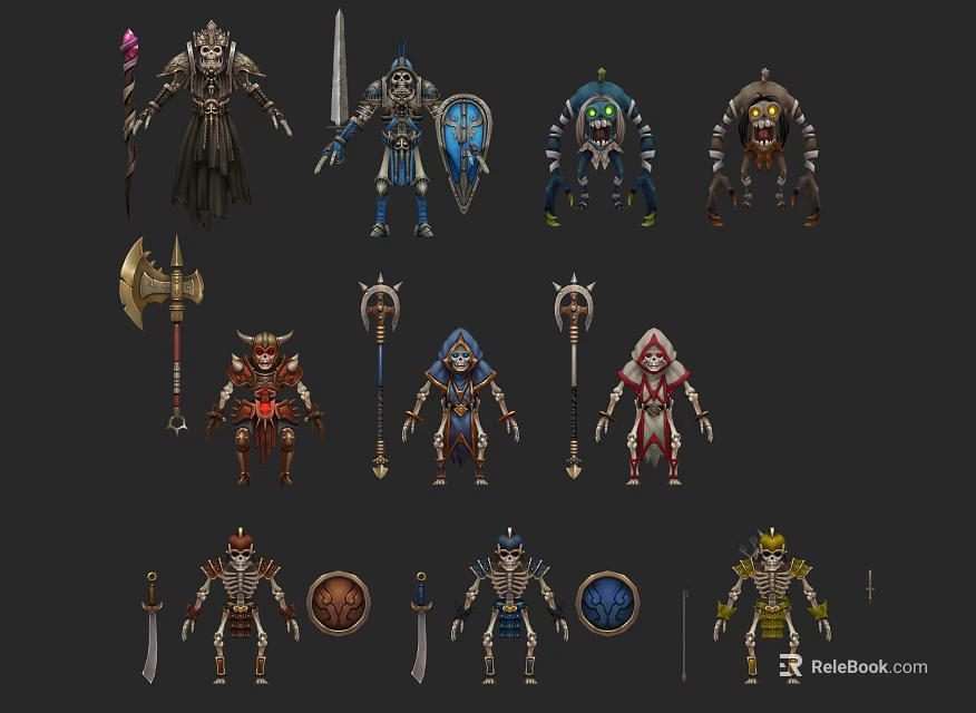 Game Fantasy RPG Characters Warrior Mage Skeleton With Weapons And Equipment 3d model 