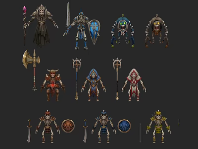 Game Fantasy RPG Characters Warrior Mage Skeleton With Weapons And Equipment 3d model