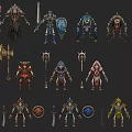 Game Fantasy RPG Characters Warrior Mage Skeleton With Weapons And Equipment
