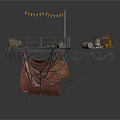 Industrial Metal Platform Structure With Railing String Flags Crates Barrels And Walkway