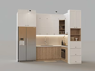 Modern Kitchen Interior With White Cabinets Wooden Countertop And Appliances 3d model