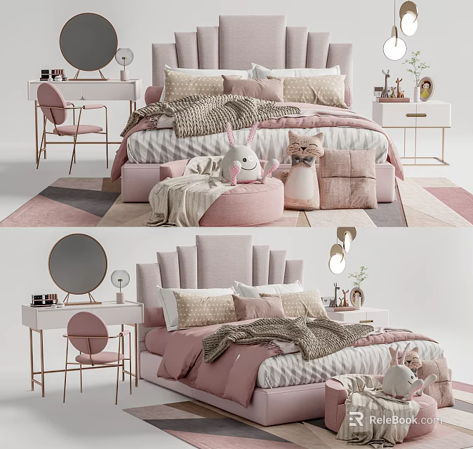 Cozy Pink Kids Bed With Stuffed Toys Nightstand Dressing Table Chair Soft Pillows And Blanket 3d model 