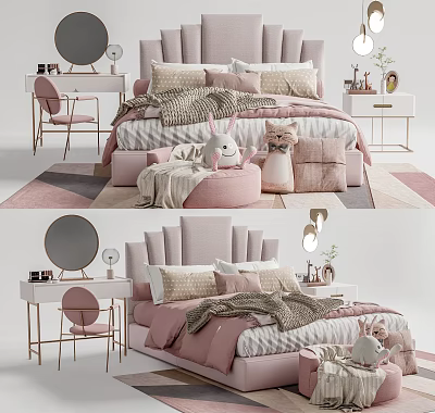 Cozy Pink Kids Bed With Stuffed Toys Nightstand Dressing Table Chair Soft Pillows And Blanket 3d model
