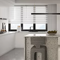 Modern Open Dining and Living Room Interior With Minimalist Marble Countertop And Grey Floor