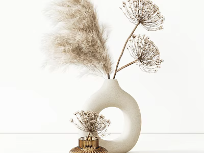 White Ceramic Round Hollow Vase With Dried Pampas Grass And Dandelion Blooms On White Surface 3d model