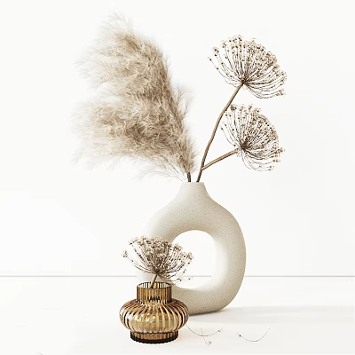 White Ceramic Round Hollow Vase With Dried Pampas Grass And Dandelion Blooms On White Surface 3d model