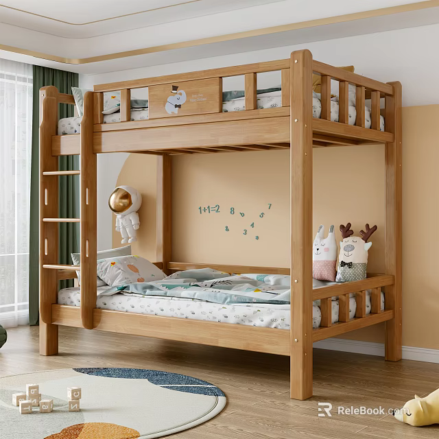 Wooden Bunk Bed in Cozy Kids Room with Letter Decor and Stuffed Toys 3d model 