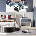Space Themed Kids Room Interior With Astronaut Mural Planets Rocket And Dark Blue Walls