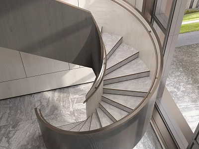 Modern Spiral Staircase Interior With Gray Stone Steps Light Wood Railing And Large Windows 3d model