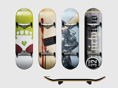 Diverse Skateboards With Unique Artistic Graphics And Colorful Patterns As Sports Equipment 3d model