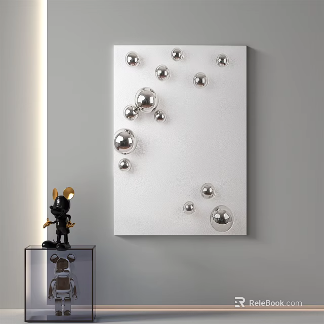 Modern Interior With White Canvas Silver Spherical Decorations And Black Sculpture On Transparent Display Stand 3d model 