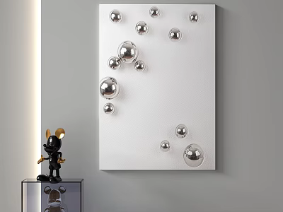 Modern Interior With White Canvas Silver Spherical Decorations And Black Sculpture On Transparent Display Stand 3d model