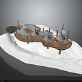 Traditional Wooden Water Transport Vehicle with Blue Roofed Pavilions on Calm Water