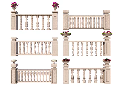 Various Stone Railing Designs With Decorative Posts Balusters And Flower Pots 3d model