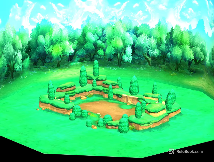 Cartoon Scene of Green Grassland With Trees and Garden Structure Under Blue Sky and Mountains 3d model 